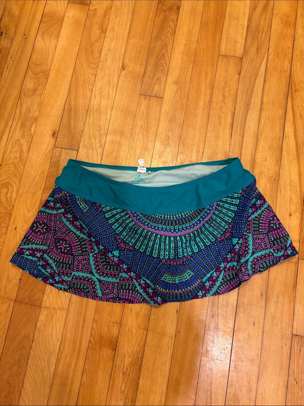 Prana Teal Waistband Purple & Blue Patterned Skater Skirt